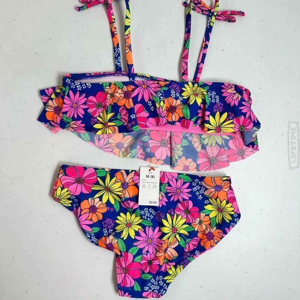 NWT Cat & Jack Girls Pink Floral Bikini Swim Suit - Size M 8/10